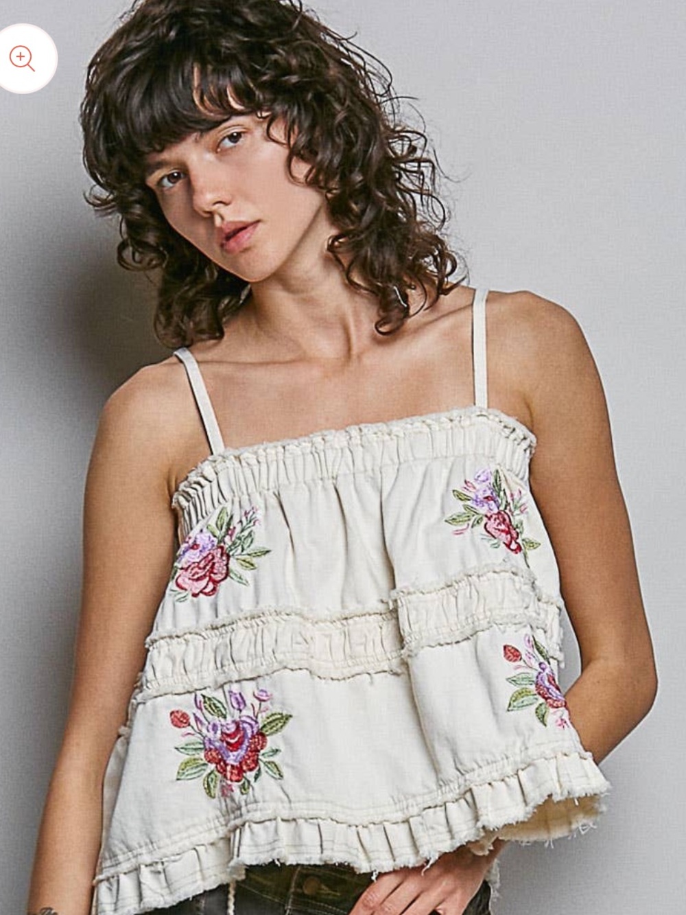 POL Women’s Cream Embroidered Ruffle Cami Top